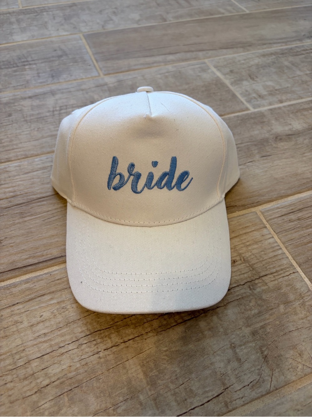 Francesca's Collections White Baseball Cap with Light Blue 'bride' Embroidery